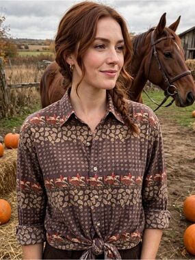 Vintage 90s Chelsea Hall Equestrian Fox Hunt Paisley Button Down Shirt Size L
